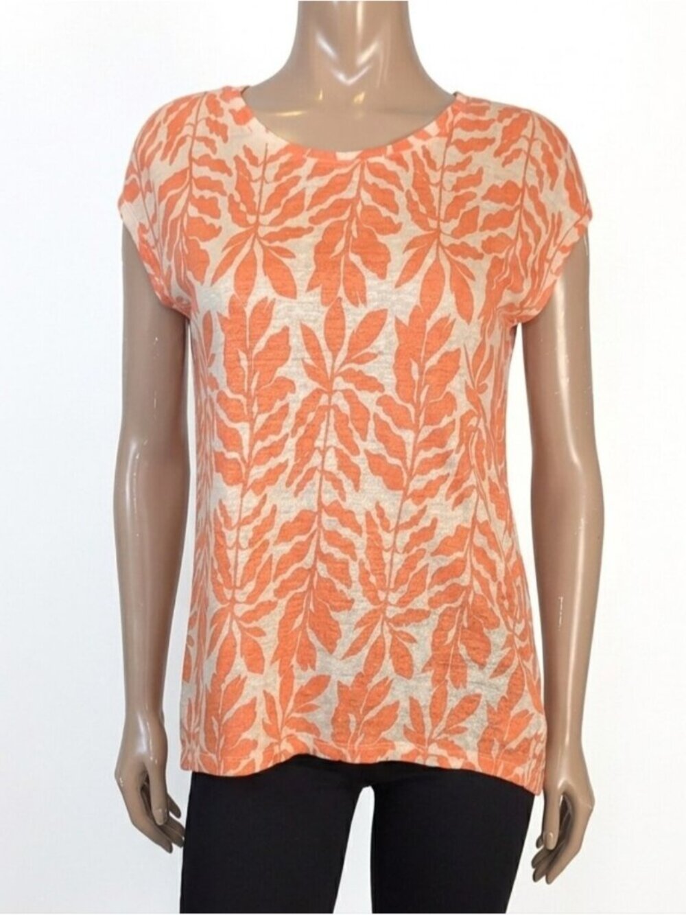 Rachel Zoe Linen Tropical Leaf Print Button Back Top Womens Size Large Orange